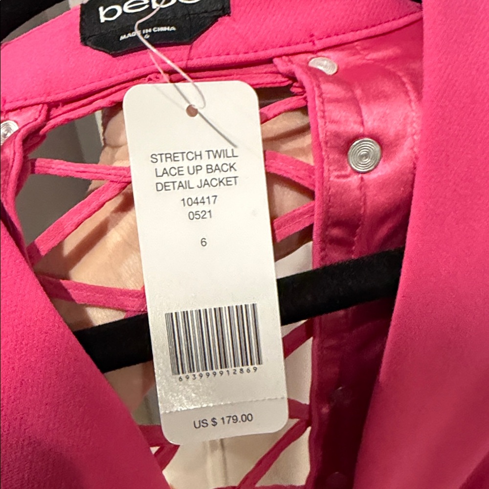 Bebe stretch twill lace up back Vibrant Pink Blazer 6 NWT‎ - Picture 7 of 7